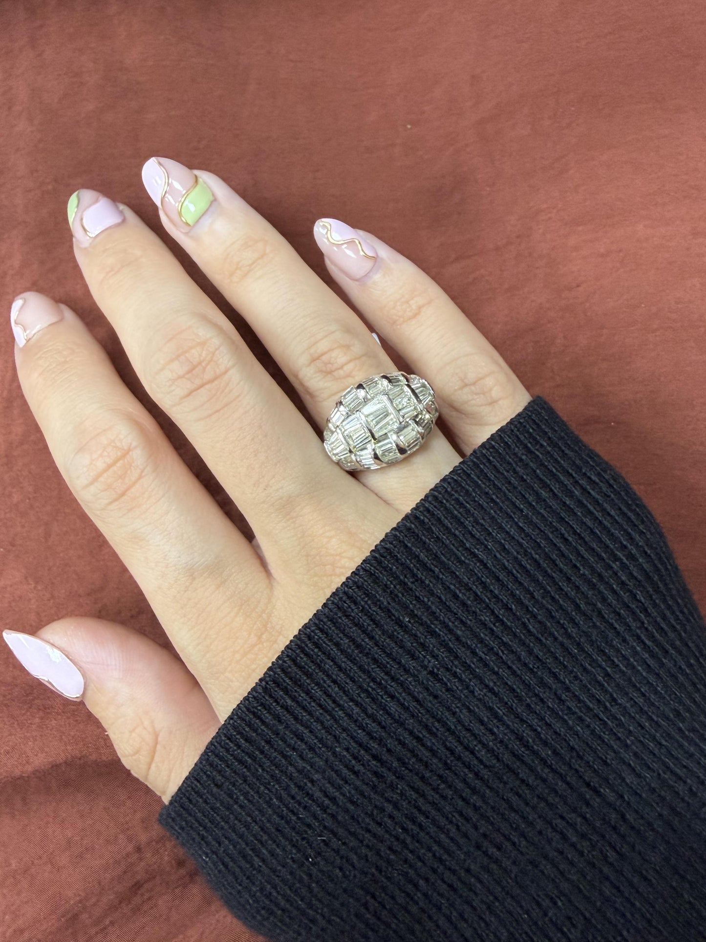 18k White Gold 3.58 Carat Tapered Baguette Cut Diamond Dome Ring