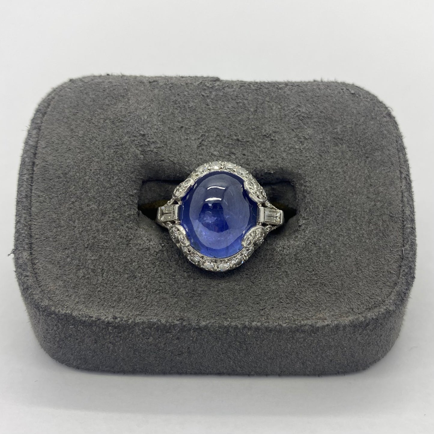 Platinum Art Deco Diamond and Cabochon Sapphire Ring