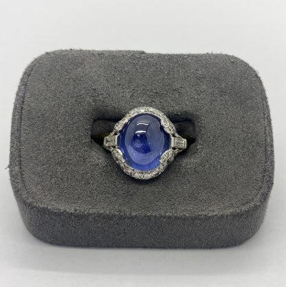 Platinum Art Deco Diamond and Cabochon Sapphire Ring