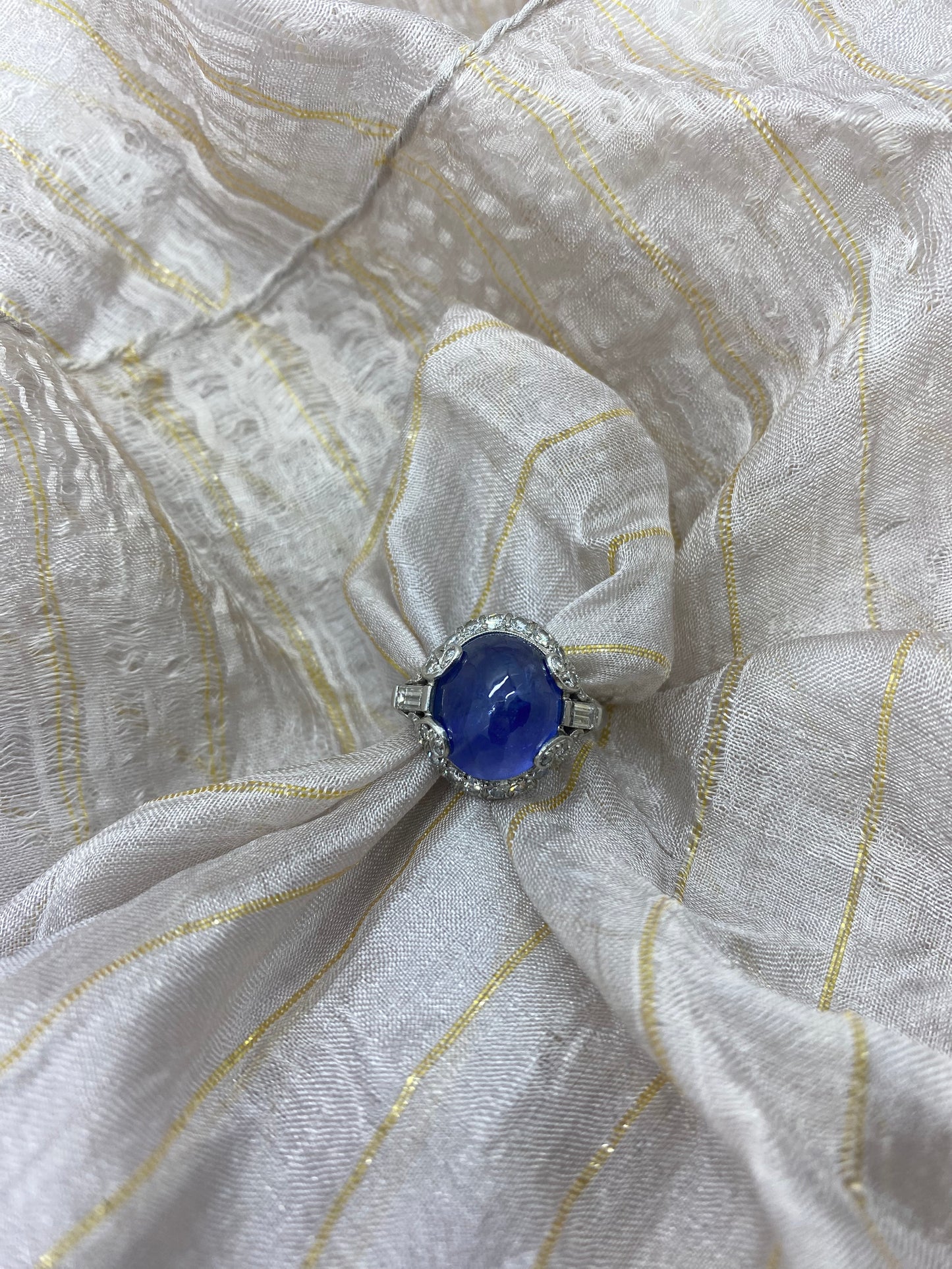 Platinum Art Deco Diamond and Cabochon Sapphire Ring