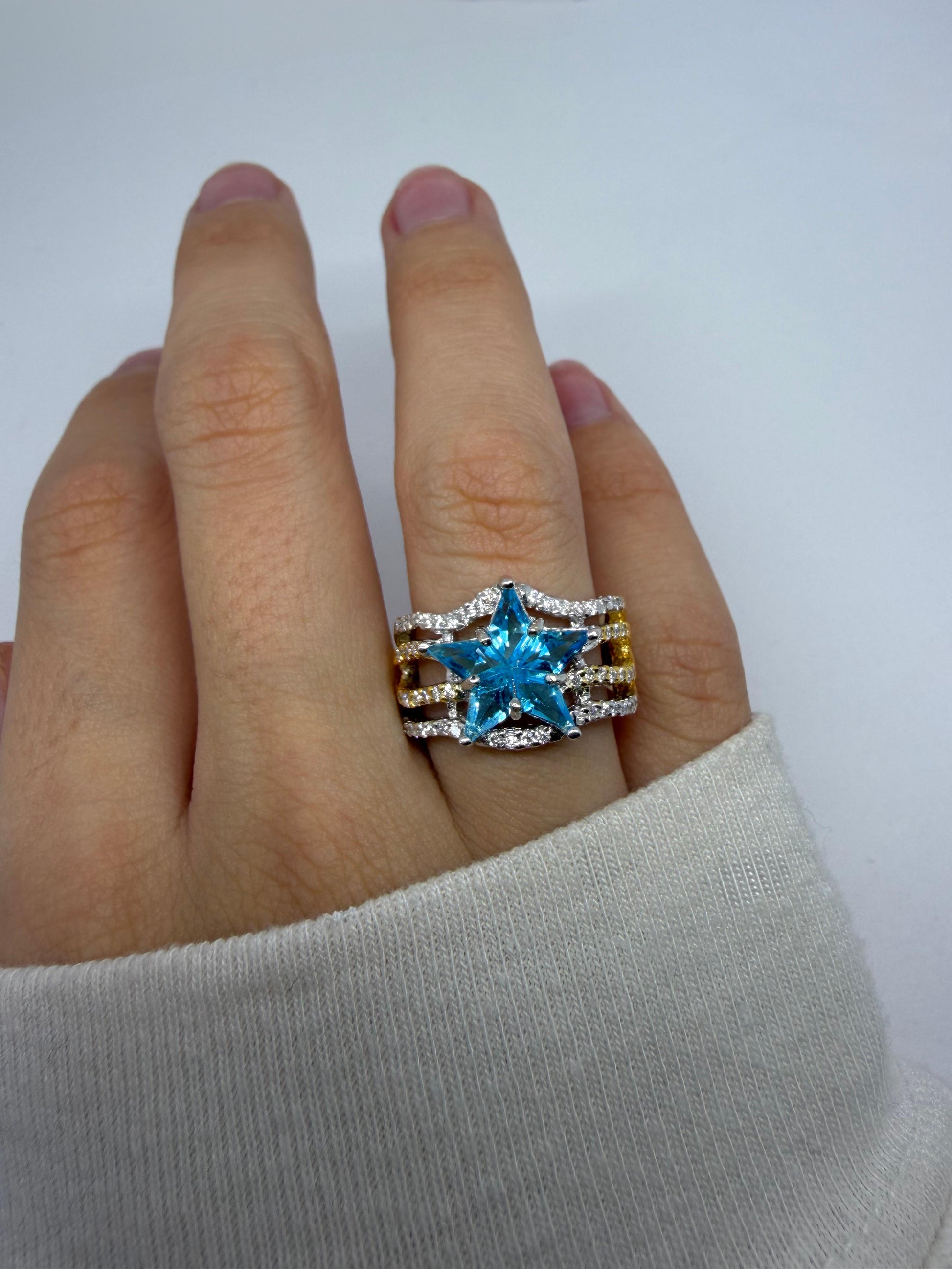 18K Two Tone Diamond & Blue Quartz Starburst Ring