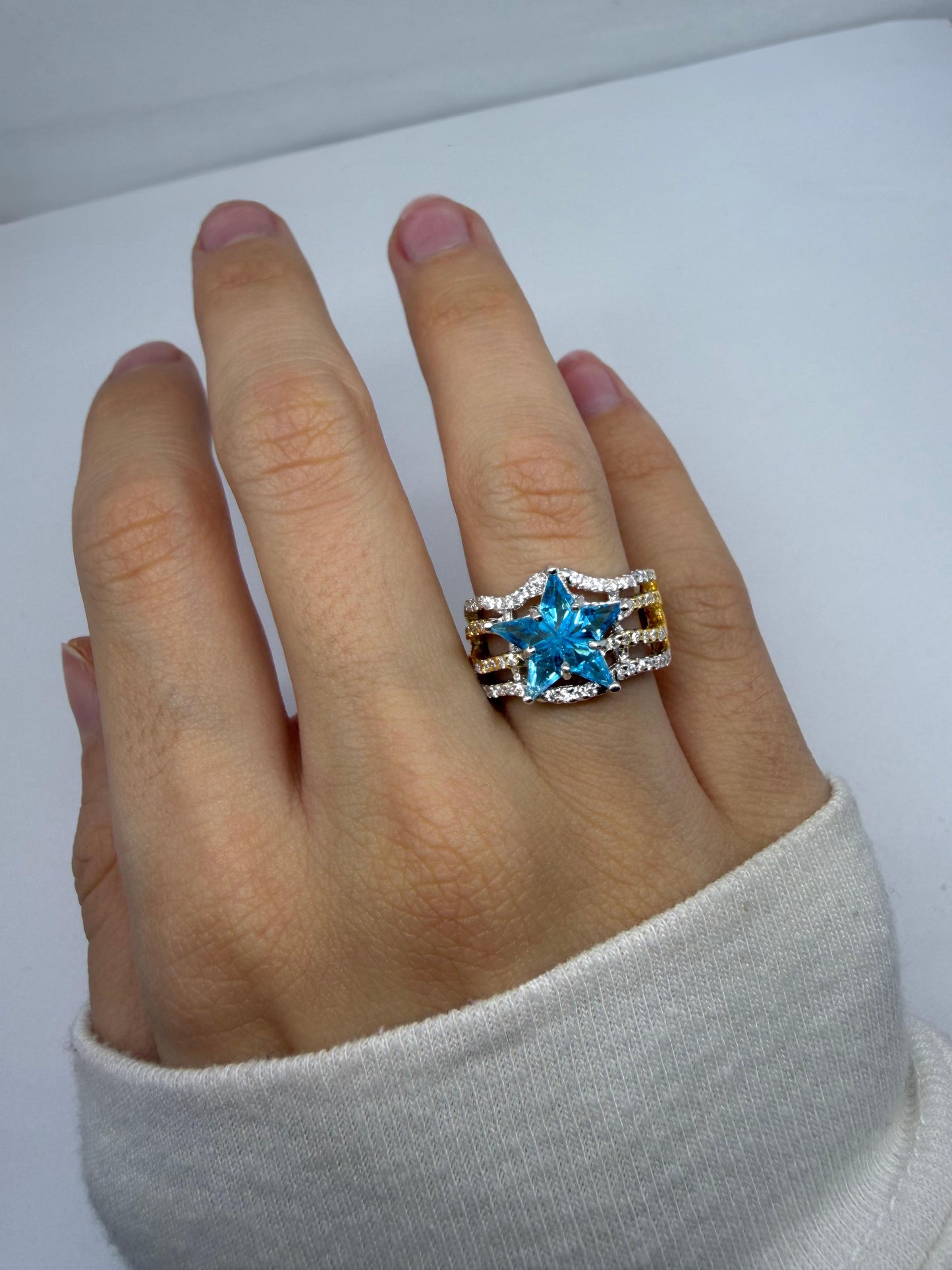 18K Two Tone Diamond & Blue Quartz Starburst Ring