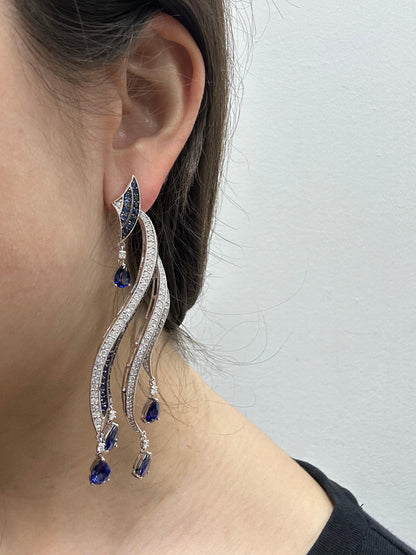 18K White Gold Diamond and Pear Cut Sapphire Flowing Casade Earrings