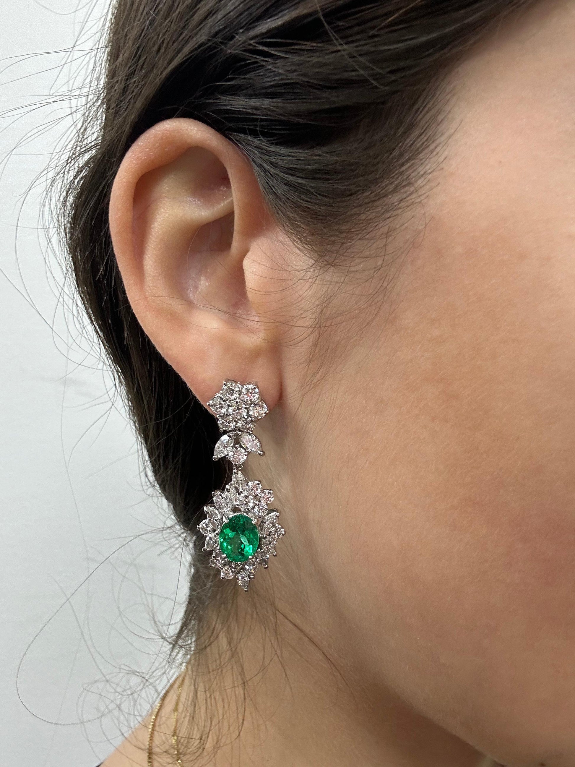18K White Gold Marquise Cut Diamond and Emerald Drop Earrings