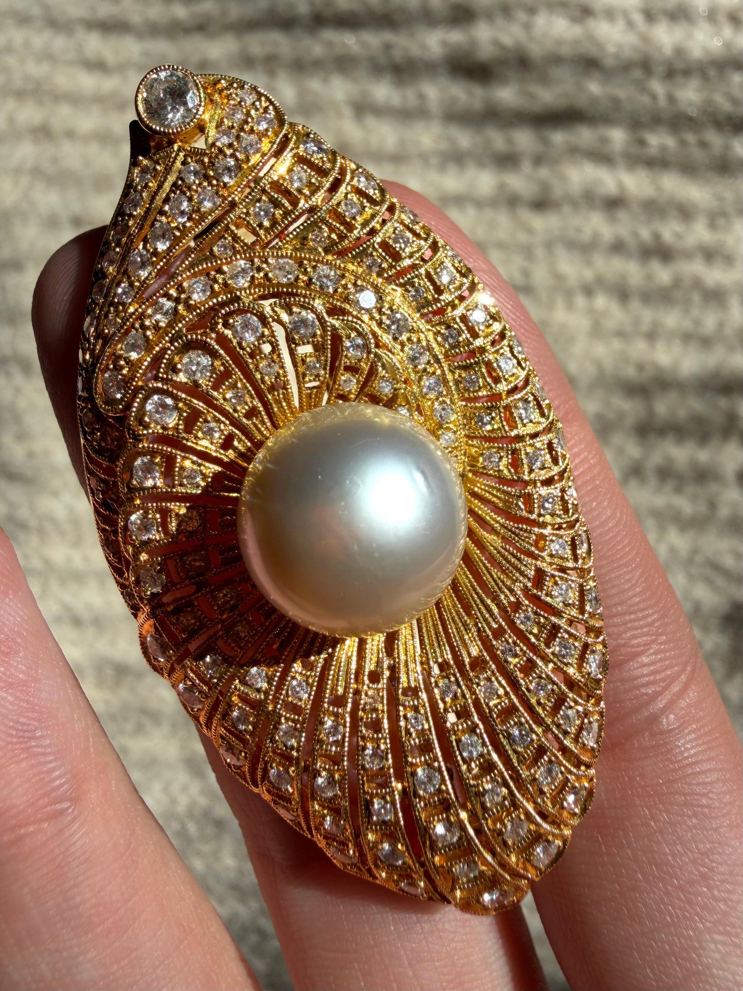 Art Deco Inspired 18K Yellow Gold Diamond and South Sea Pearl Brooch