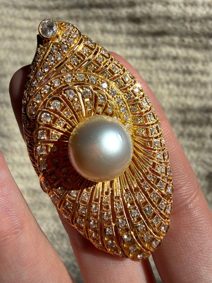 Art Deco Inspired 18K Yellow Gold Diamond and South Sea Pearl Brooch