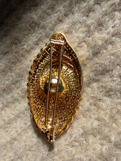 Art Deco Inspired 18K Yellow Gold Diamond and South Sea Pearl Brooch