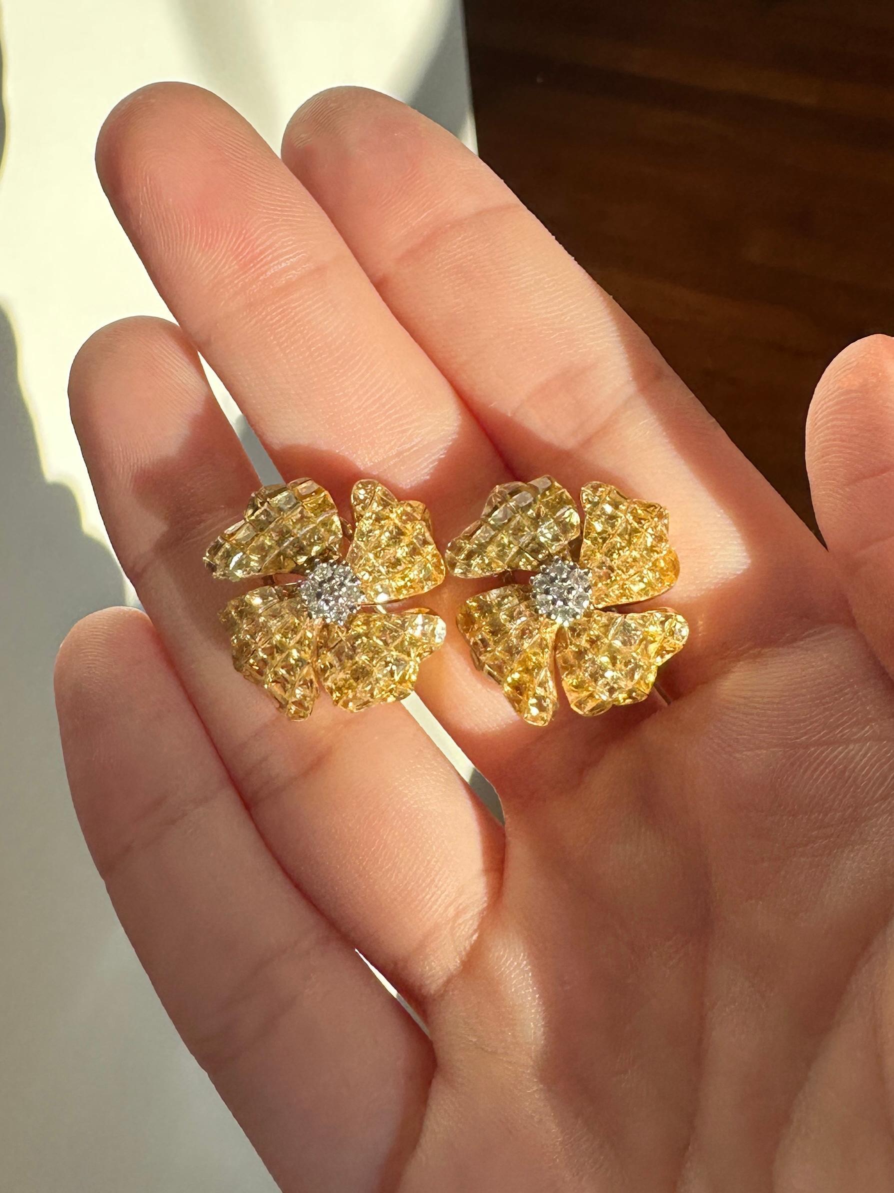 18K Yellow Gold Diamond and Yellow Sapphire Flower Earrings