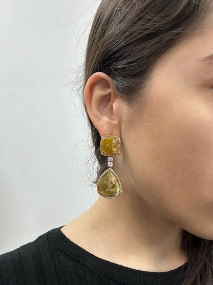 18K Yellow Gold White and Natural Rough Cut Greenish-Yellow Diamond Earrings