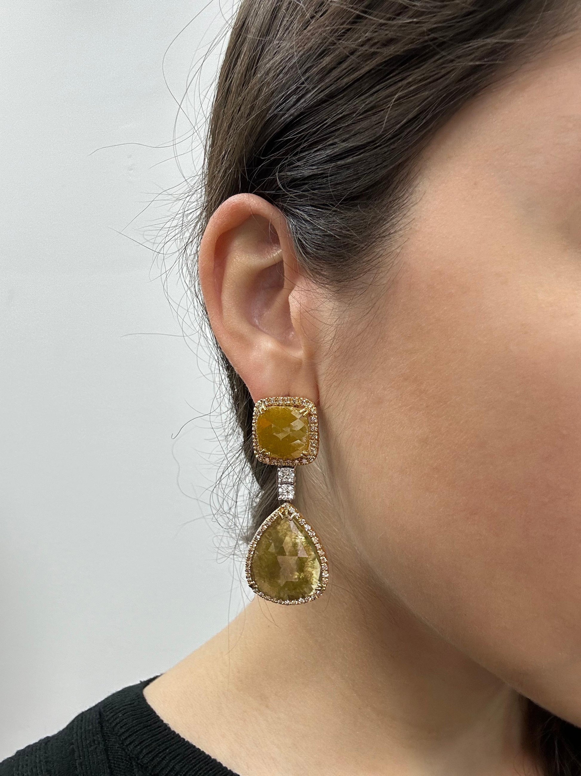 18K Yellow Gold White and Natural Rough Cut Greenish-Yellow Diamond Earrings