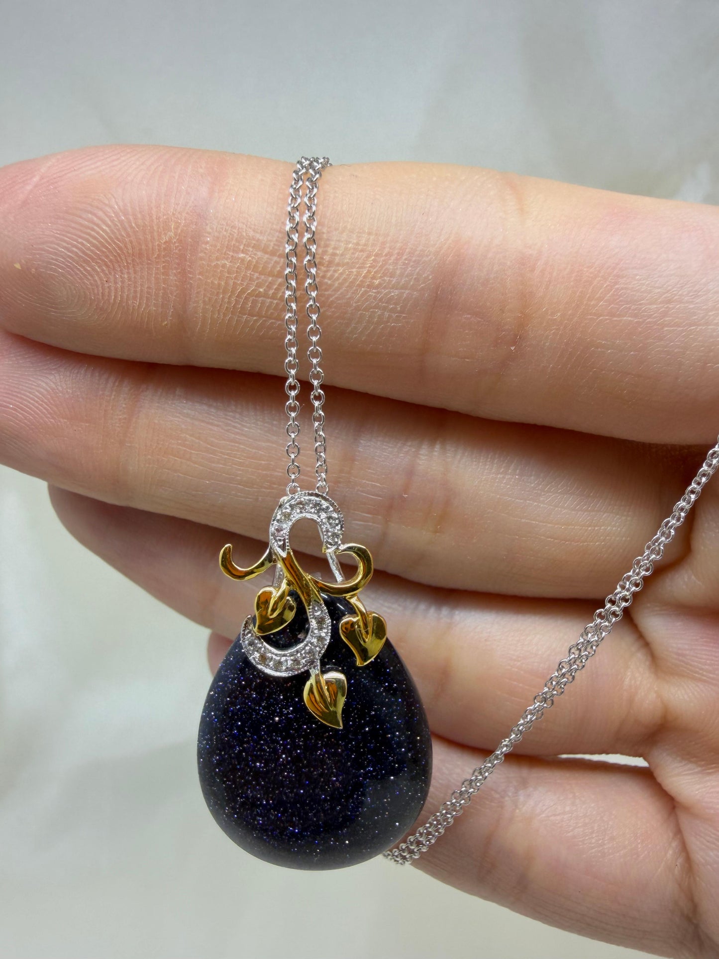 18K Two Tone Gold Diamond & Teardrop Labradorite Pendant Necklace