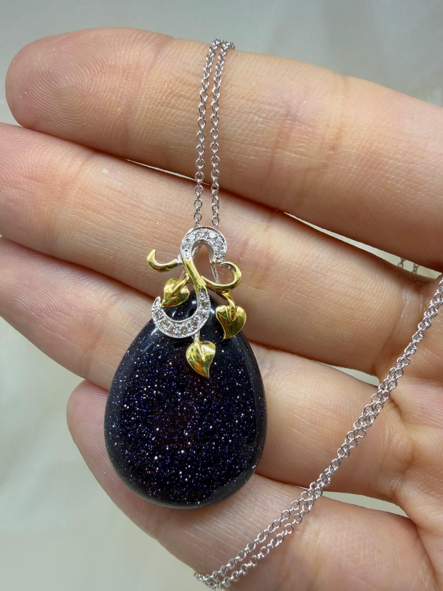 18K Two Tone Gold Diamond & Teardrop Labradorite Pendant Necklace
