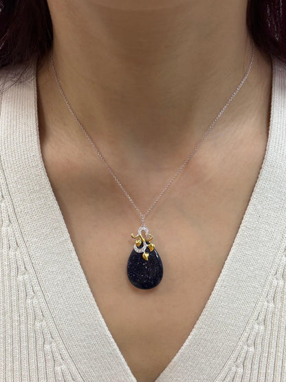 18K Two Tone Gold Diamond & Teardrop Labradorite Pendant Necklace