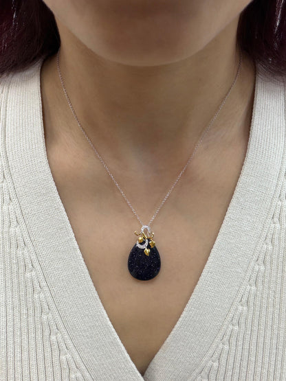 18K Two Tone Gold Diamond & Teardrop Labradorite Pendant Necklace