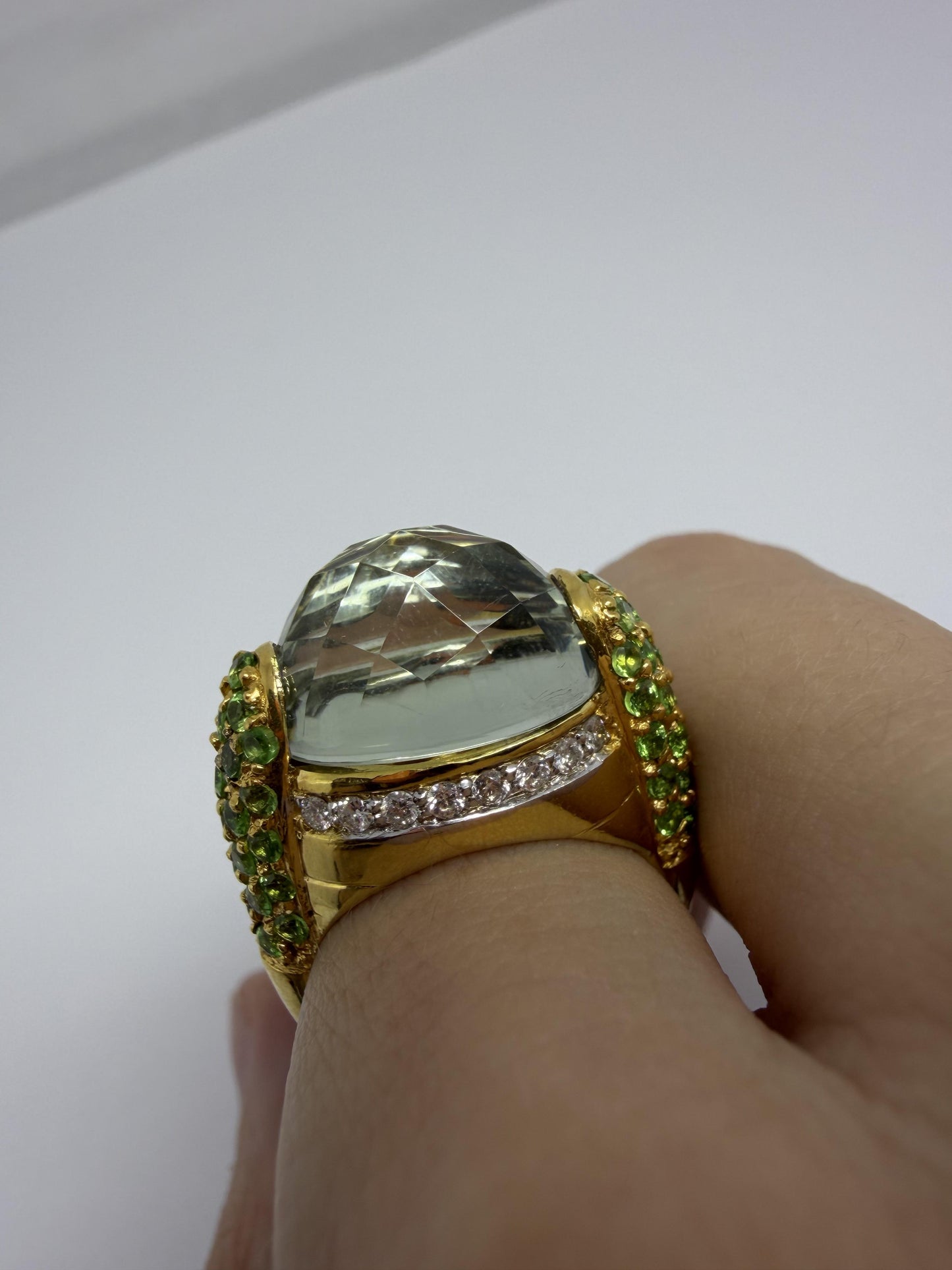 18K Yellow Gold Diamond, Green Garnet and Checkered Green Gemstone Cocktail Ring