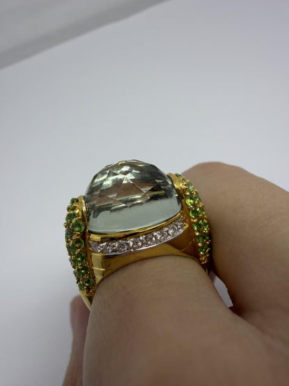 18K Yellow Gold Diamond, Green Garnet and Checkered Green Gemstone Cocktail Ring