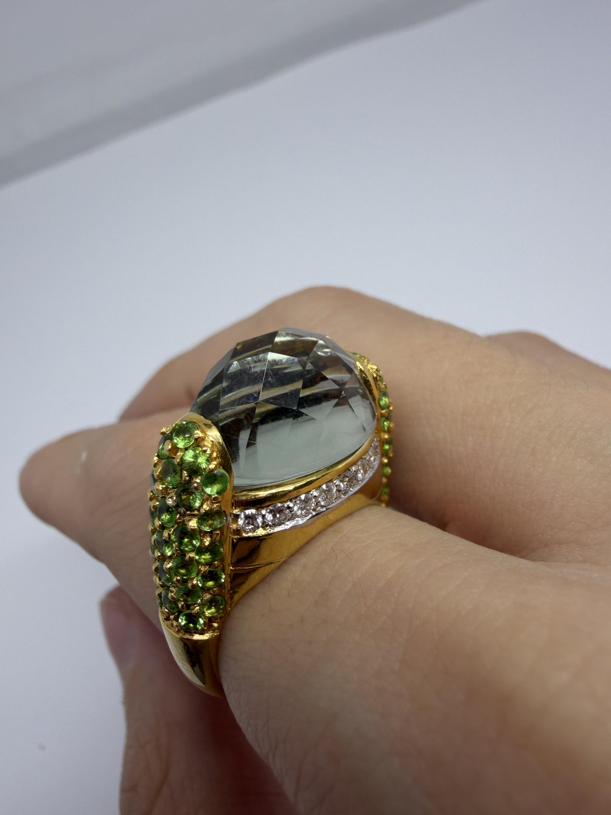 18K Yellow Gold Diamond, Green Garnet and Checkered Green Gemstone Cocktail Ring