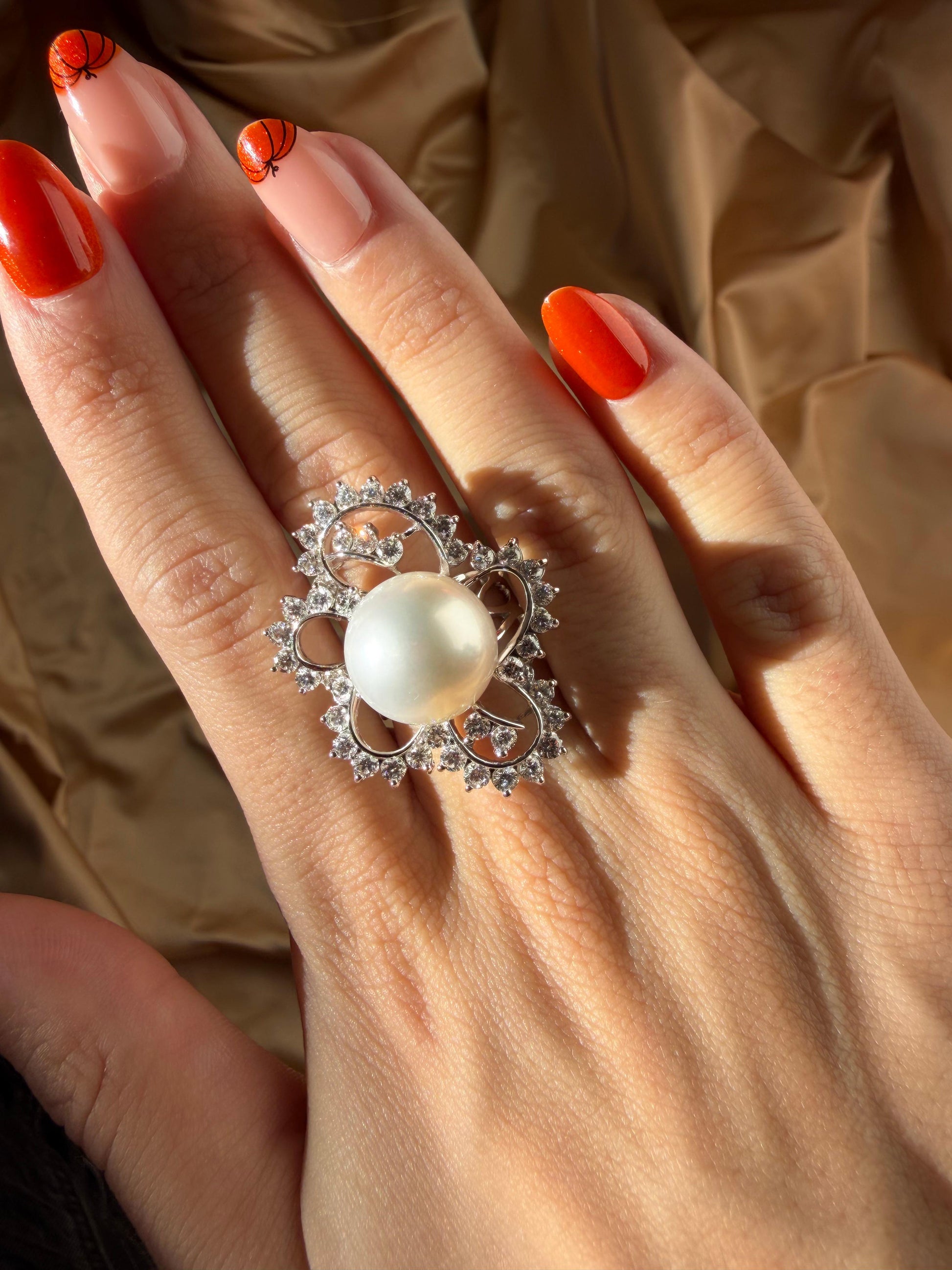 18K White Gold 2.48 Carat Diamond and South Sea Pearl Cocktail Ring - Size 7.5