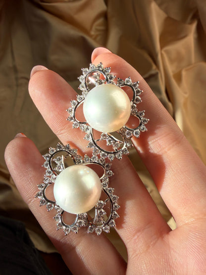18K White Gold 4.16 carat Diamond and Cultured South Sea Pearl Earrings
