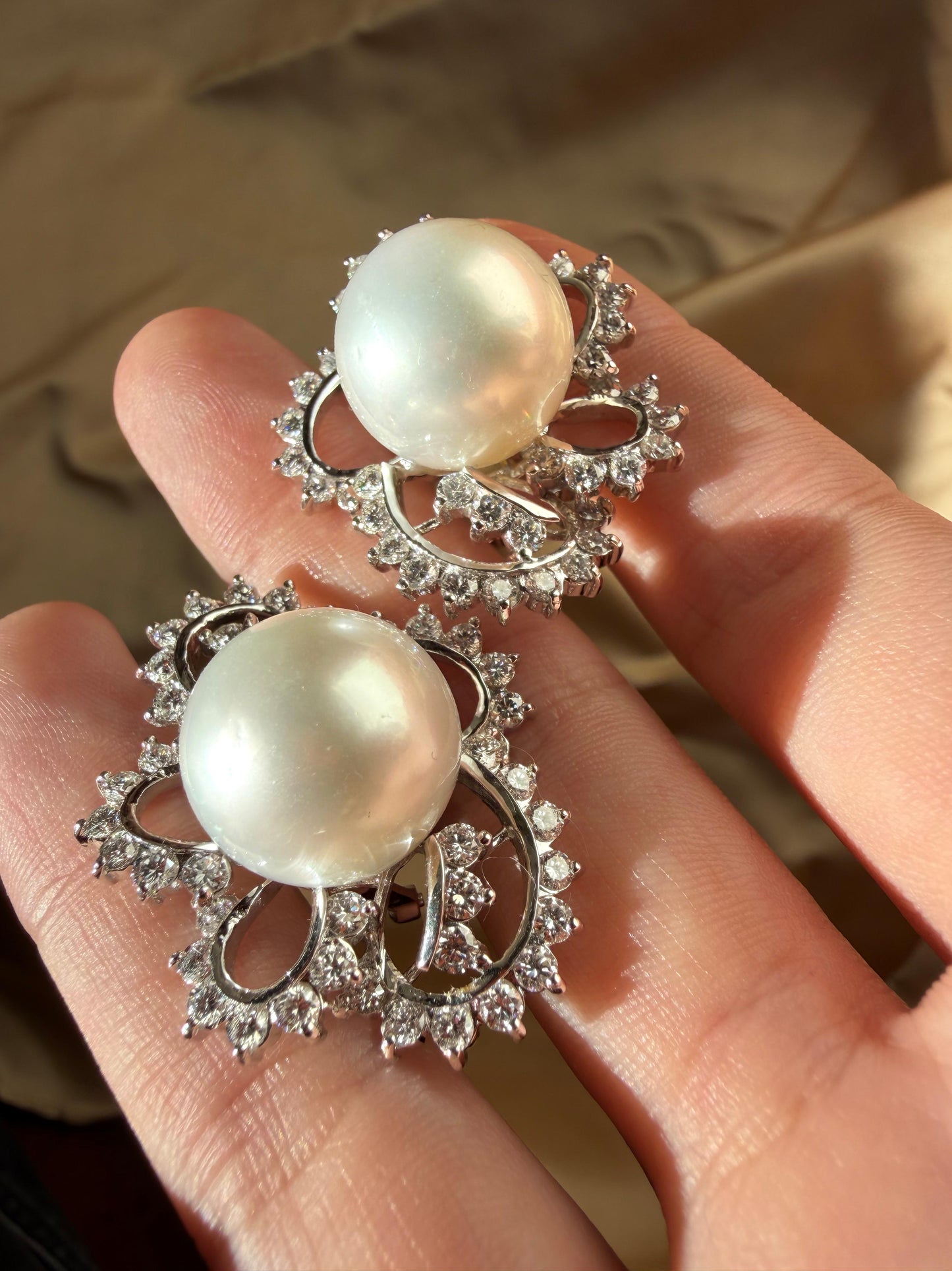 18K White Gold 4.16 carat Diamond and Cultured South Sea Pearl Earrings