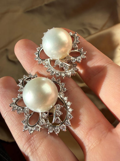 18K White Gold 4.16 carat Diamond and Cultured South Sea Pearl Earrings