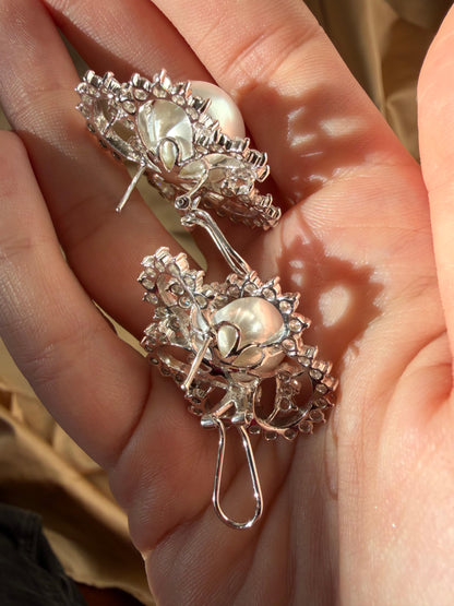 18K White Gold 4.16 carat Diamond and Cultured South Sea Pearl Earrings