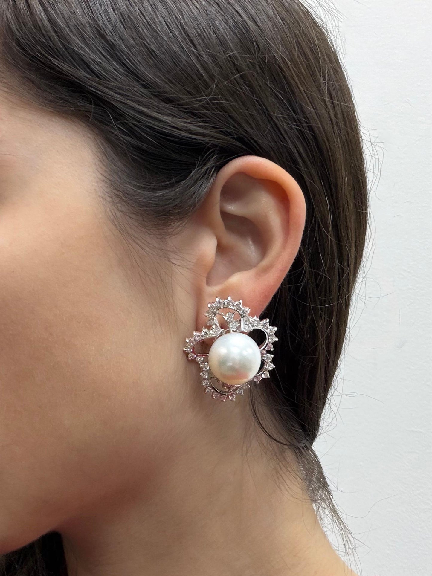 18K White Gold 4.16 carat Diamond and Cultured South Sea Pearl Earrings