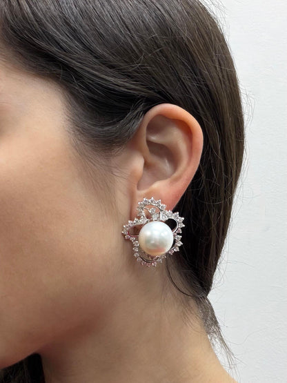 18K White Gold 4.16 carat Diamond and Cultured South Sea Pearl Earrings