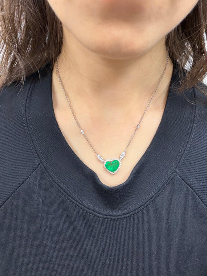 18K Two Tone Diamond and 4.14 Carat Heart Shaped Emerald Necklace