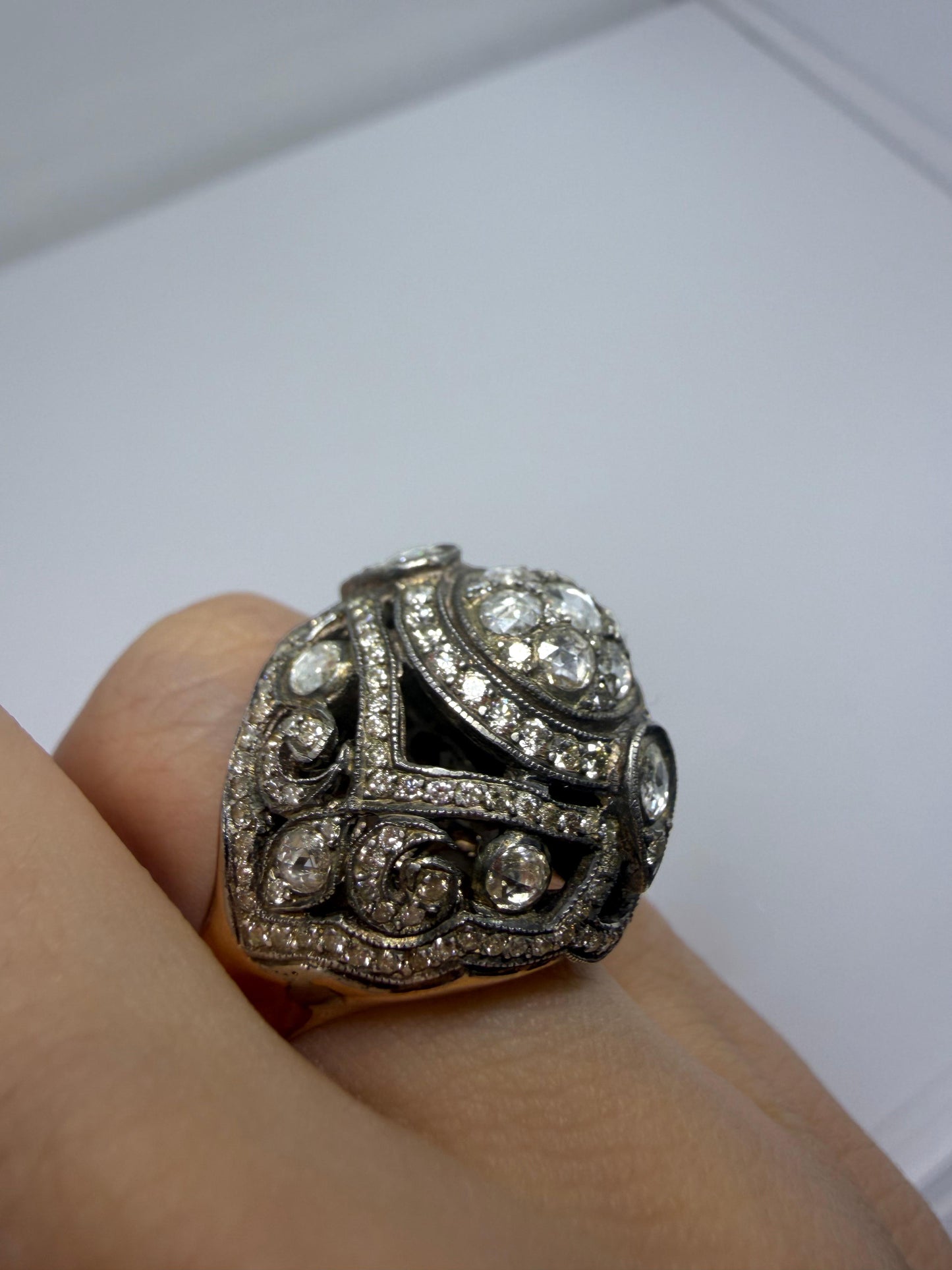 Vintage Inspired Rose Gold and Silver Rose Cut Diamond Dome Cocktail Ring