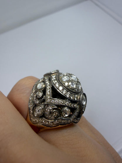 Vintage Inspired Rose Gold and Silver Rose Cut Diamond Dome Cocktail Ring
