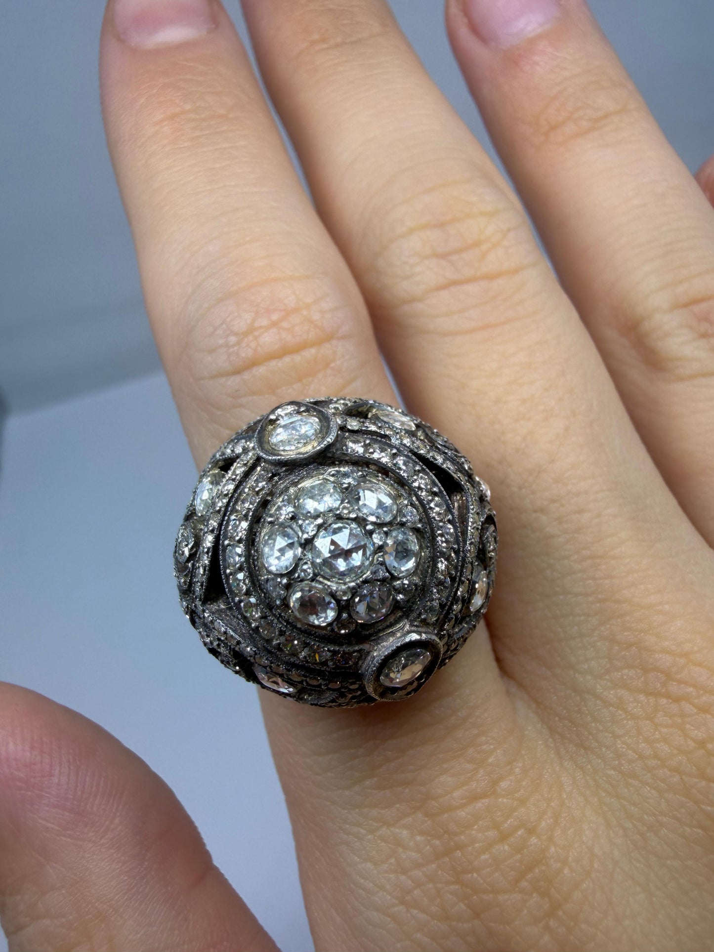 Vintage Inspired Rose Gold and Silver Rose Cut Diamond Dome Cocktail Ring