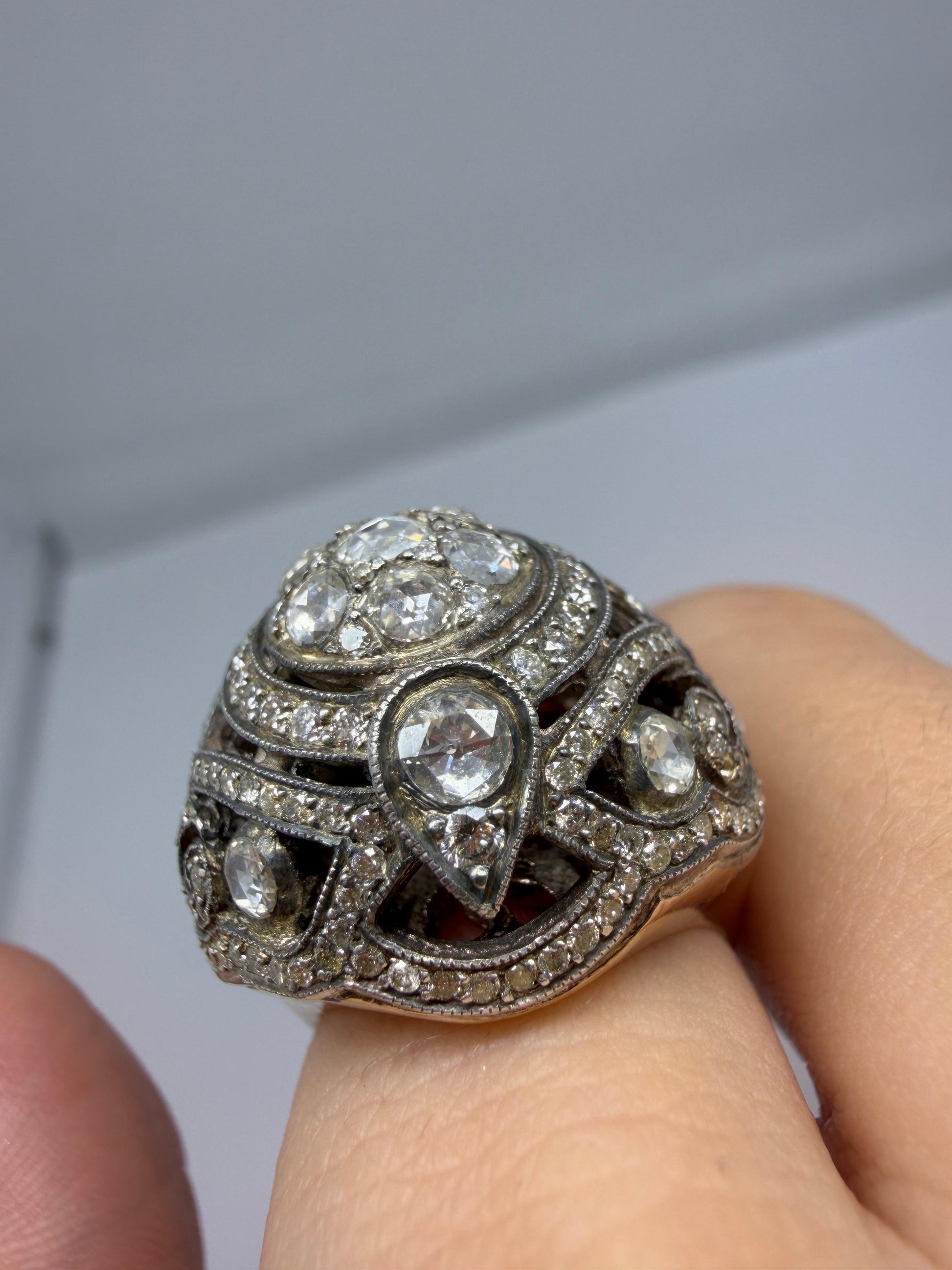 Vintage Inspired Rose Gold and Silver Rose Cut Diamond Dome Cocktail Ring