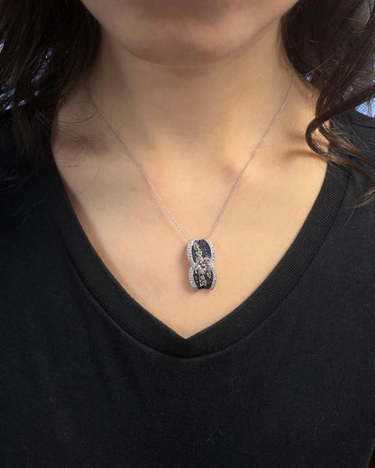 18K White Gold Sapphire, Garnet Tsavorite and Diamond Floral Pendant Necklace