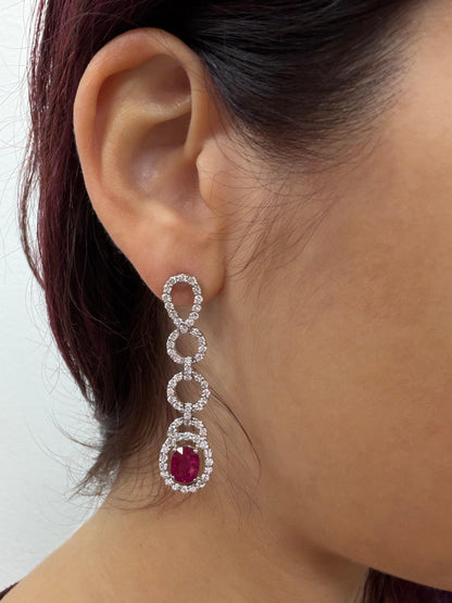 18K White Gold 3.44 Carat Oval Ruby and Diamond Drop Earrings
