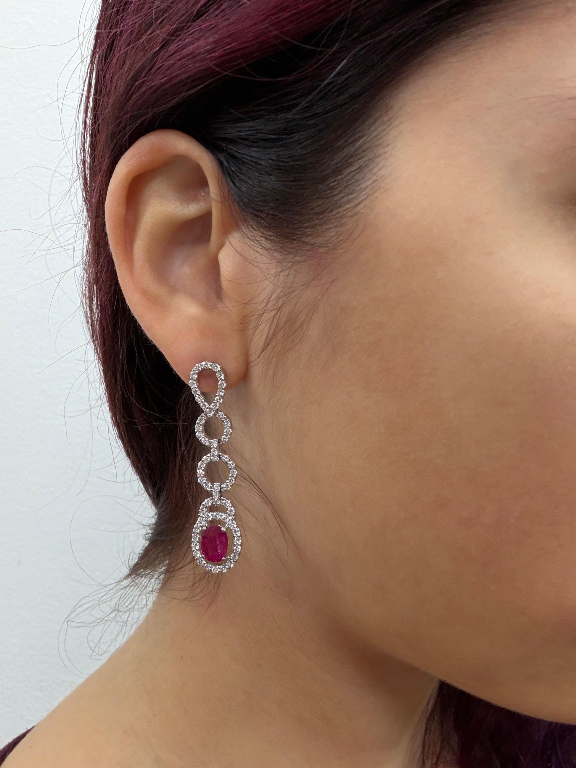 18K White Gold 3.44 Carat Oval Ruby and Diamond Drop Earrings