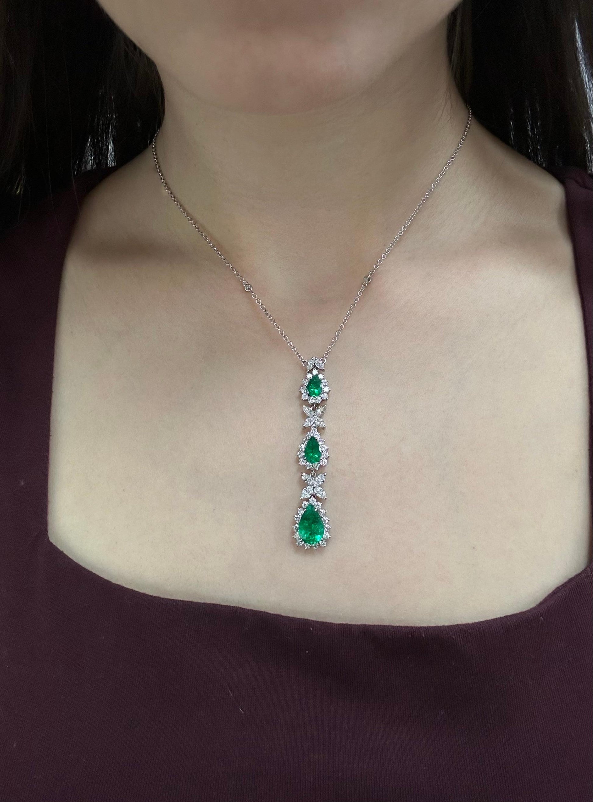 18K White Gold Marquise Cut Diamond and Pear Cut Emerald Necklace