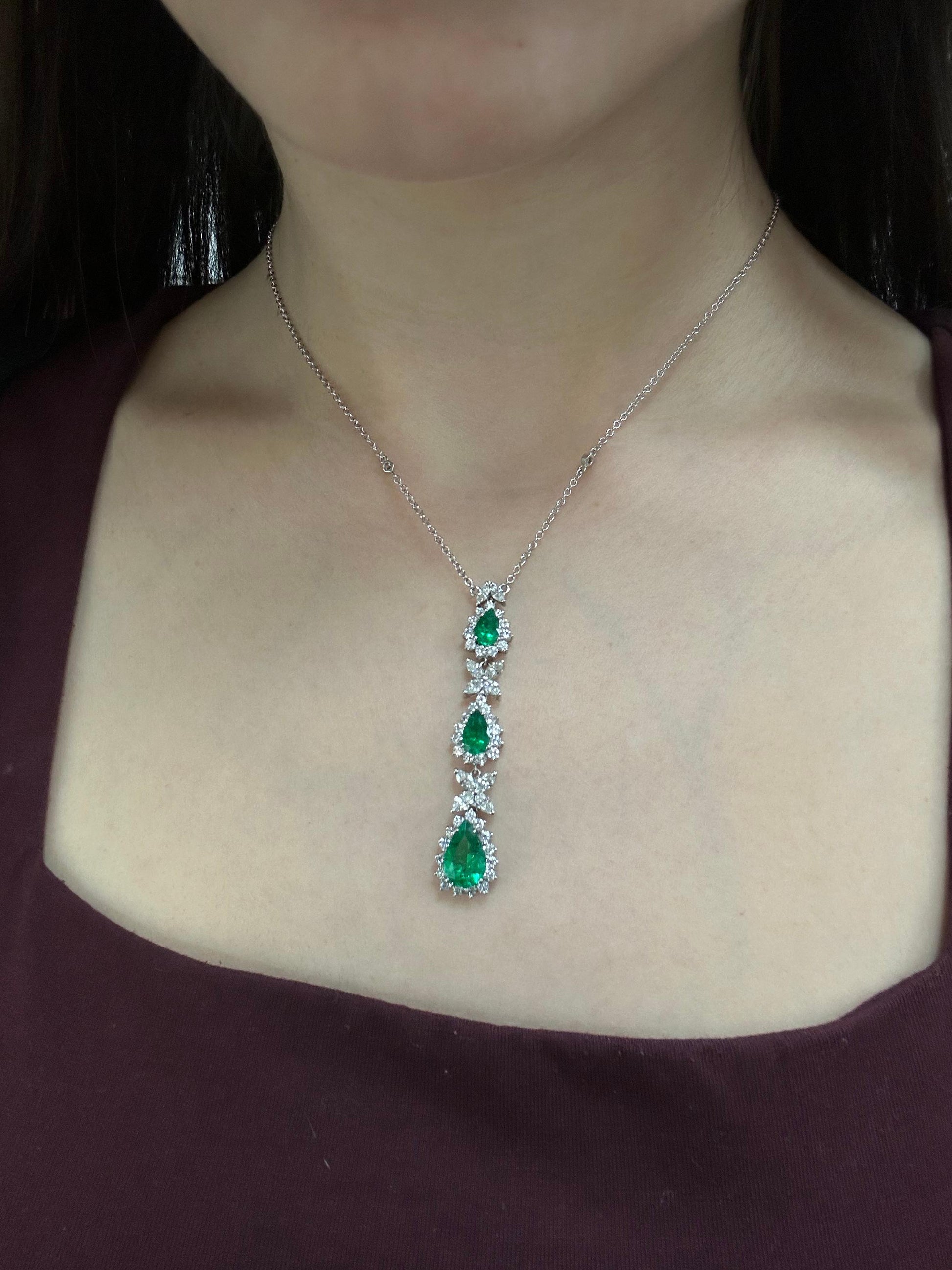 18K White Gold Marquise Cut Diamond and Pear Cut Emerald Necklace