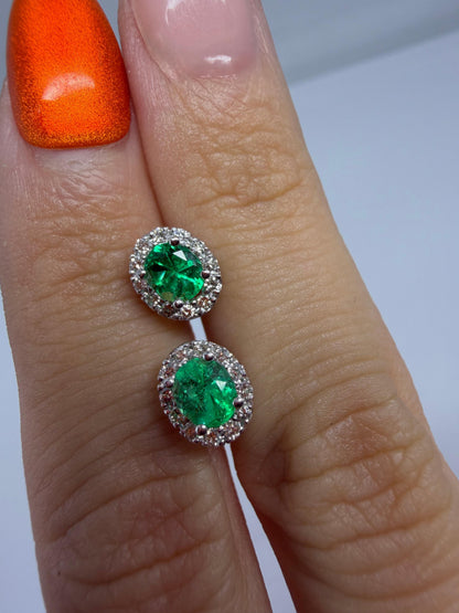 18K White Gold Diamond and .76 Carat Oval Emerald Cluster Stud Earrings