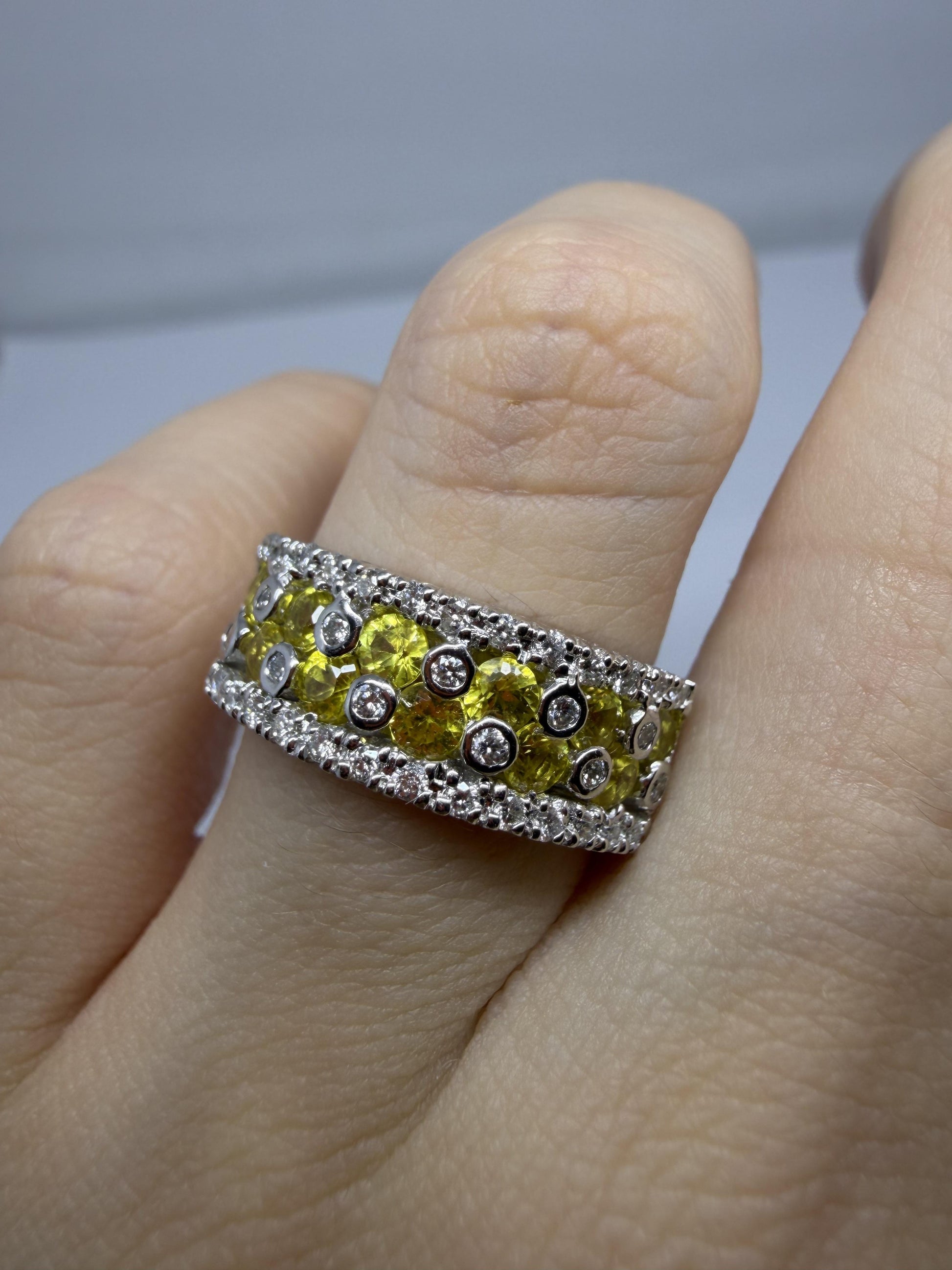 18k White Gold Diamond and Yellow Sapphire Wide Band Ring