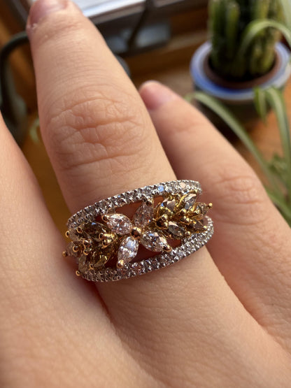 18K Two Tone Marquise Cut Pink, Yellow and White Diamond Flower Band Ring