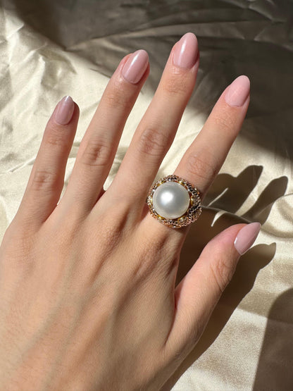 18K Two Tone Diamond and Pearl Cocktail Ring