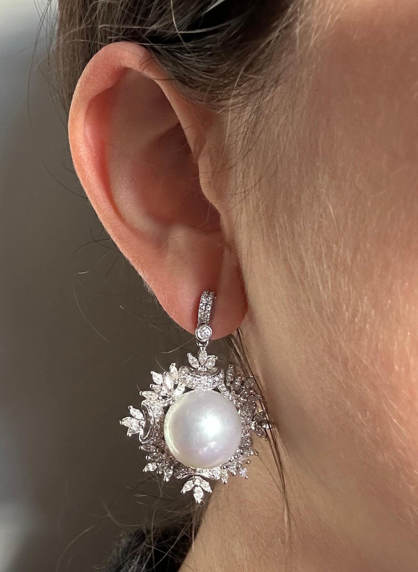 18K White Gold Diamond and Pearl Snowflake Earrings