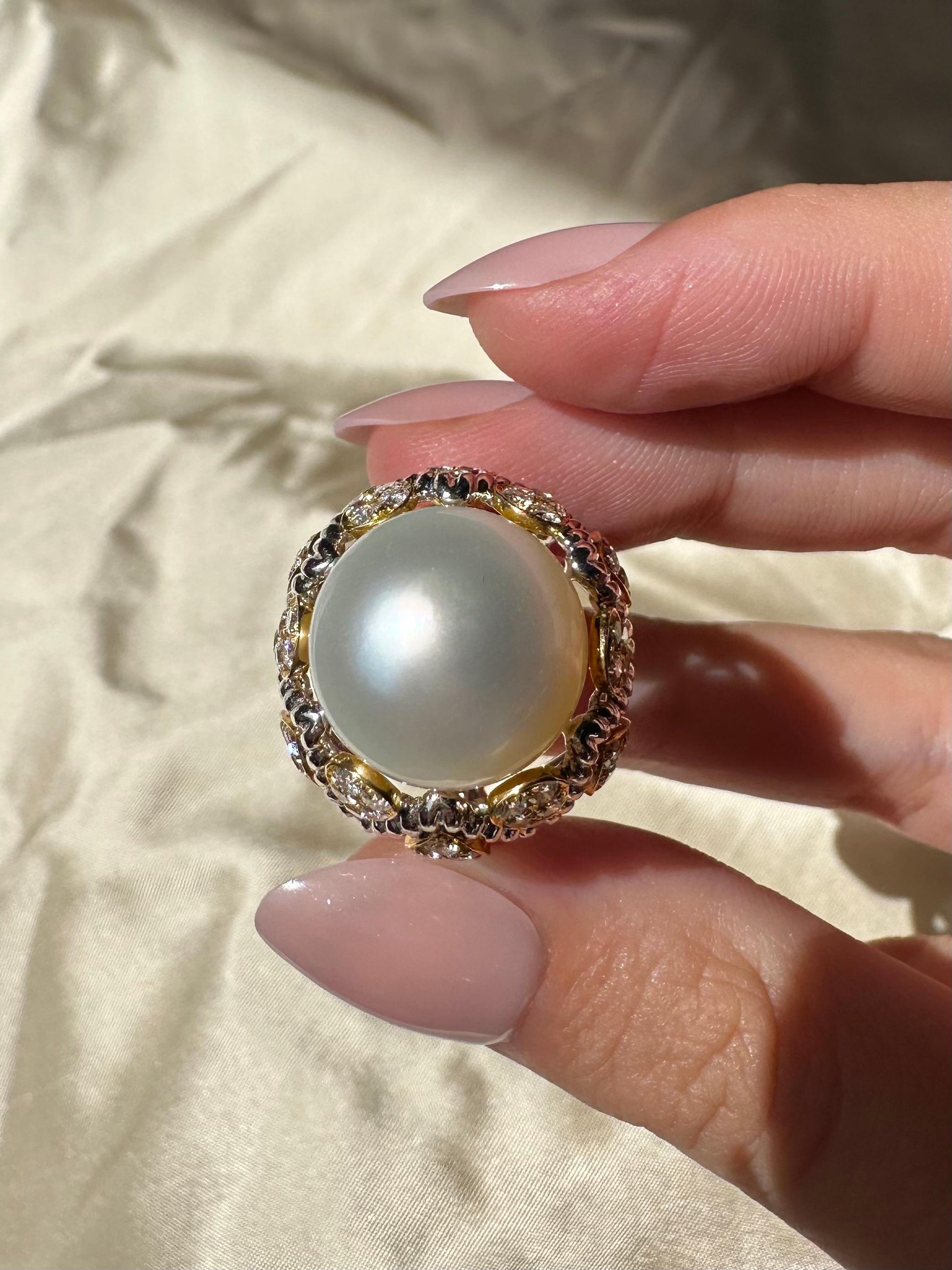 18K Two Tone Diamond and Pearl Cocktail Ring