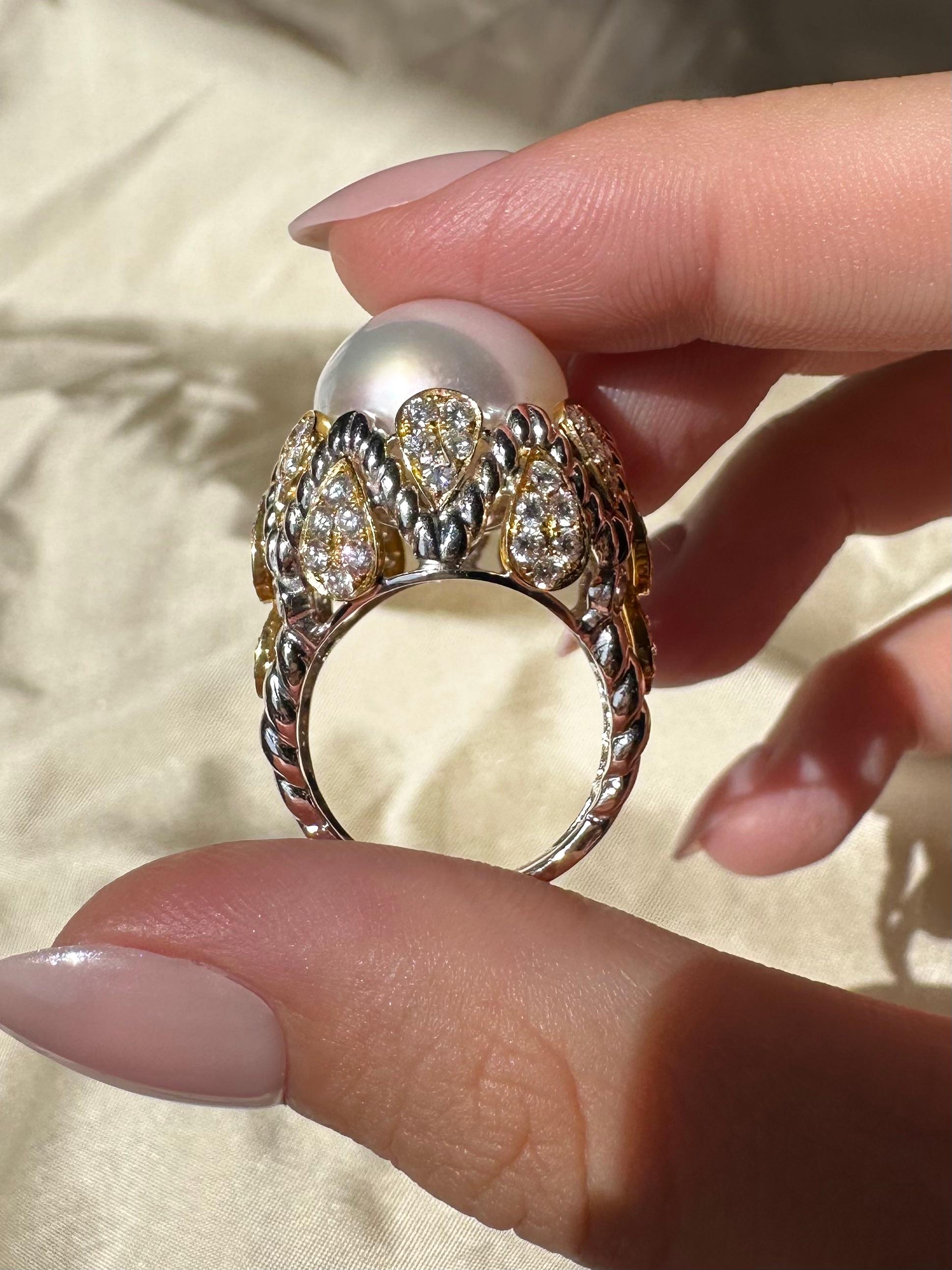 18K Two Tone Diamond and Pearl Cocktail Ring
