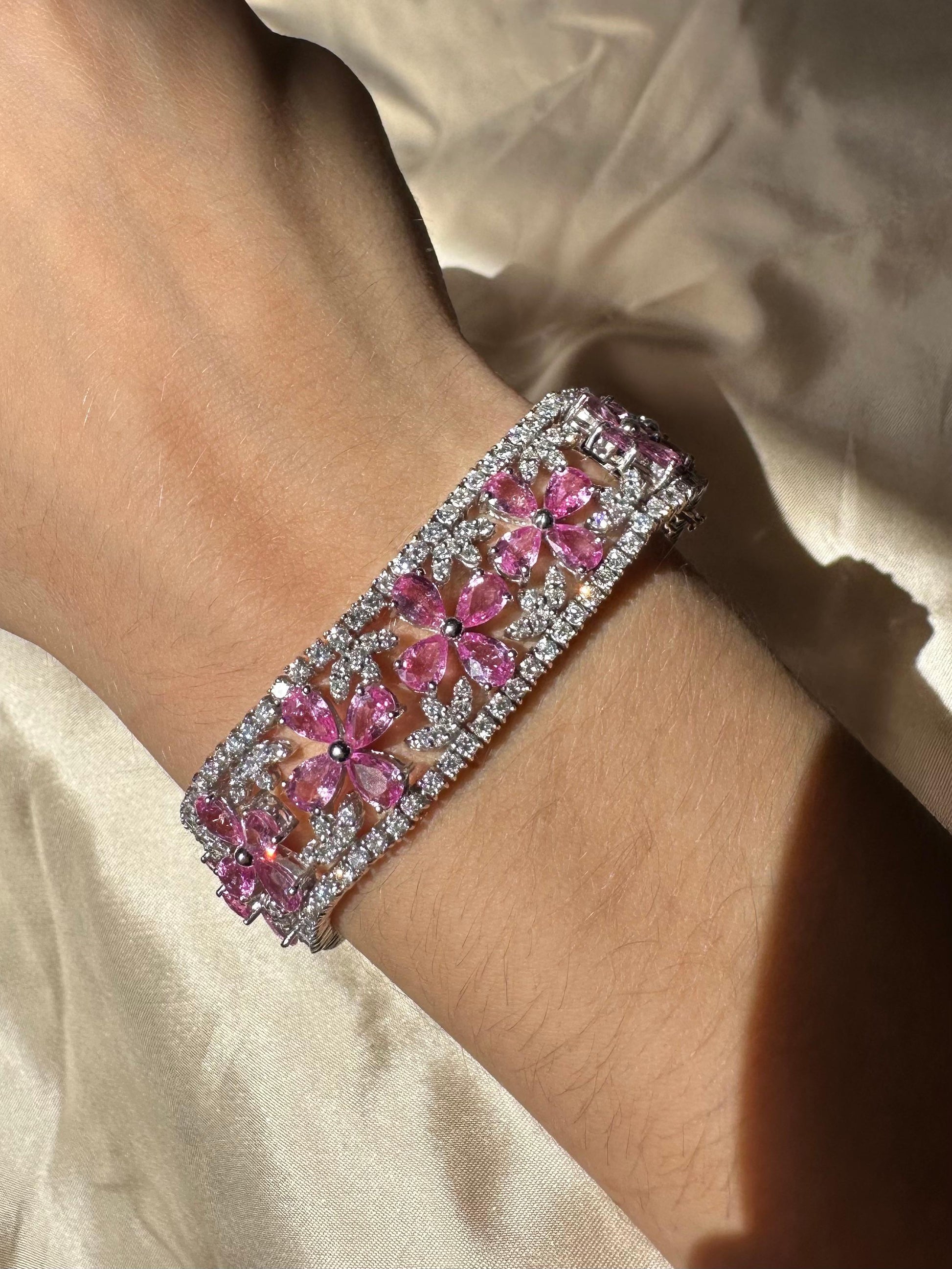18K White Gold Diamond and Pear Cut Pink Sapphire Flower Bracelet - 7.25 inches