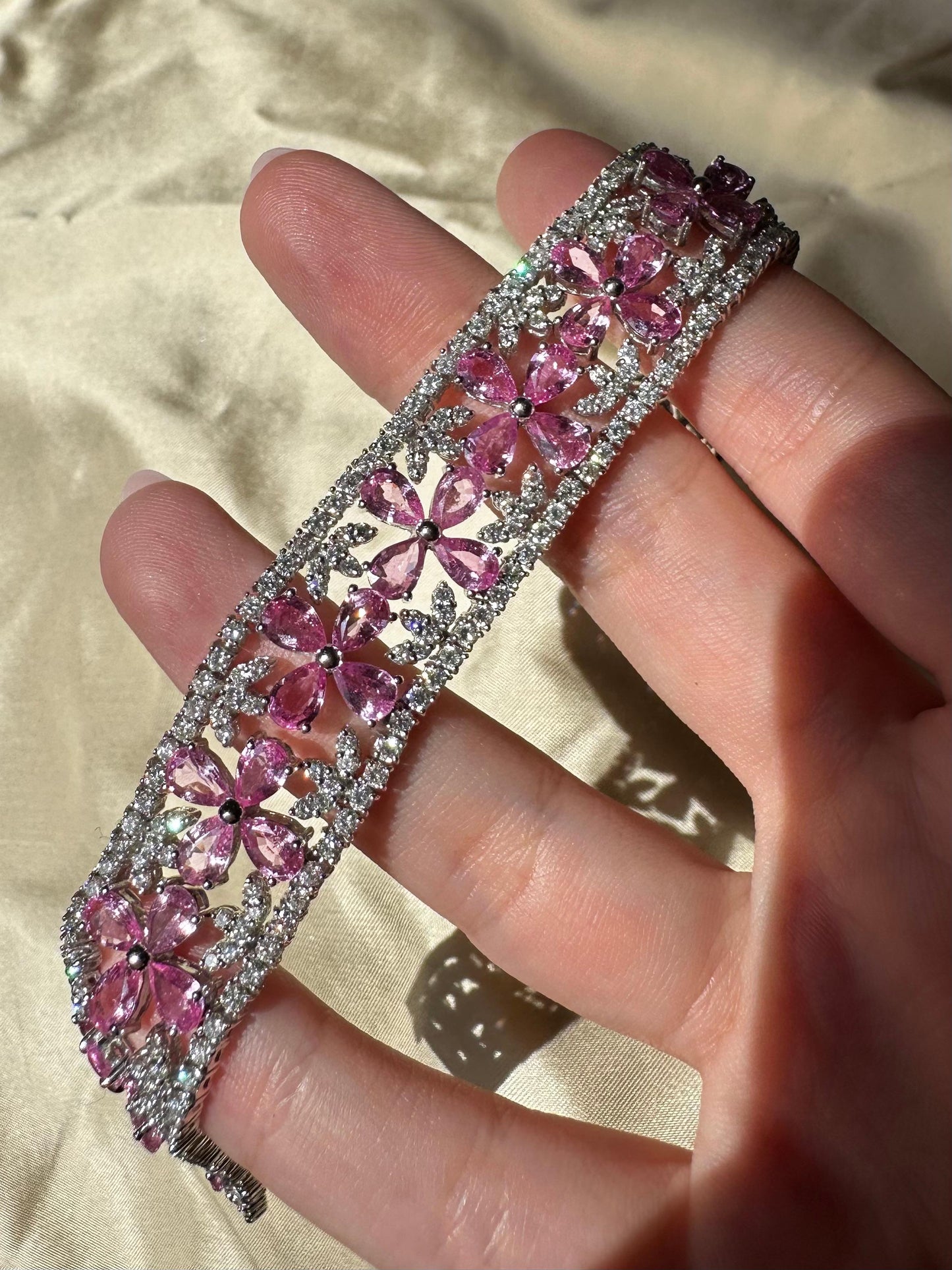 18K White Gold Diamond and Pear Cut Pink Sapphire Flower Bracelet - 7.25 inches