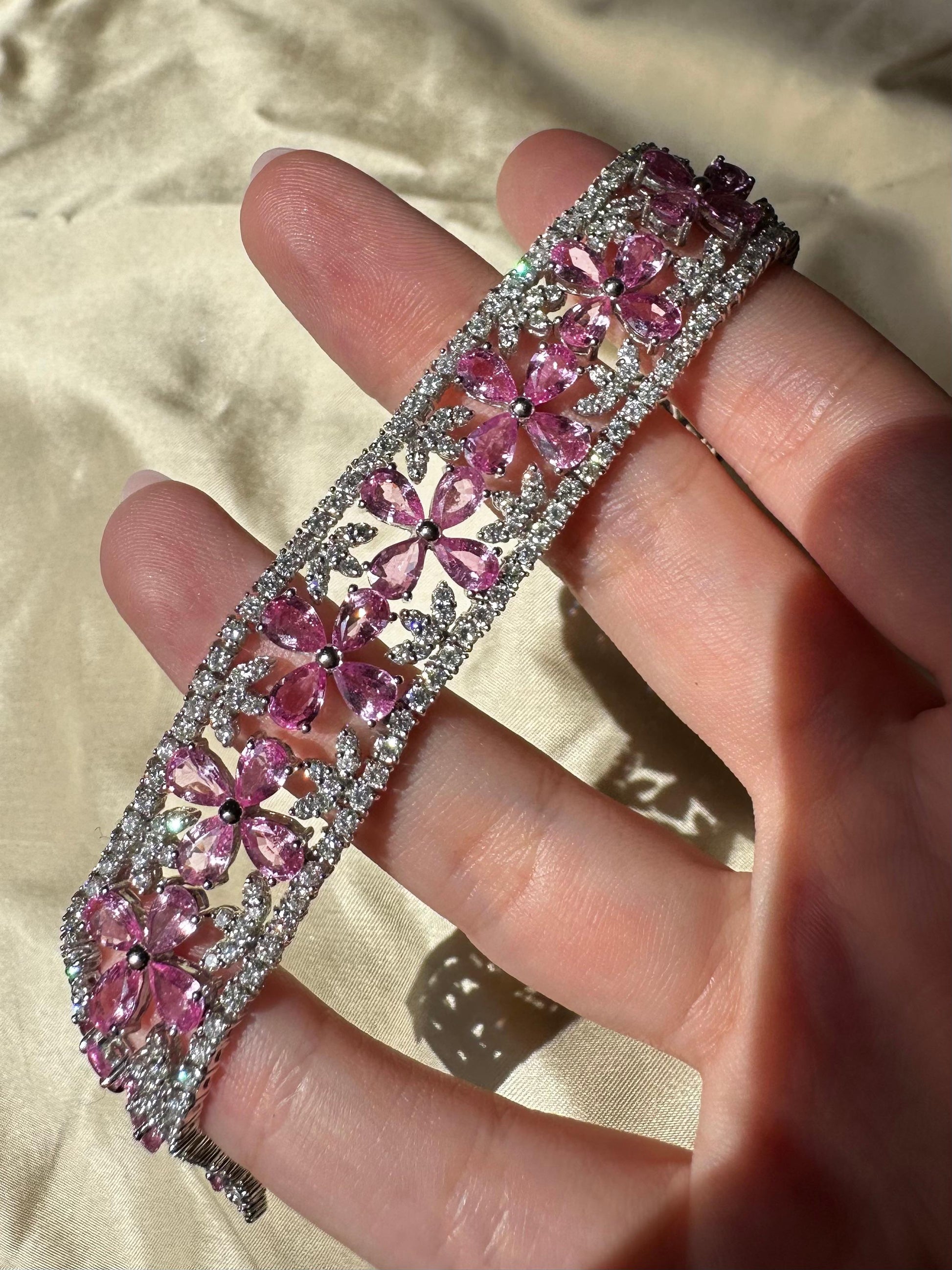 18K White Gold Diamond and Pear Cut Pink Sapphire Flower Bracelet - 7.25 inches