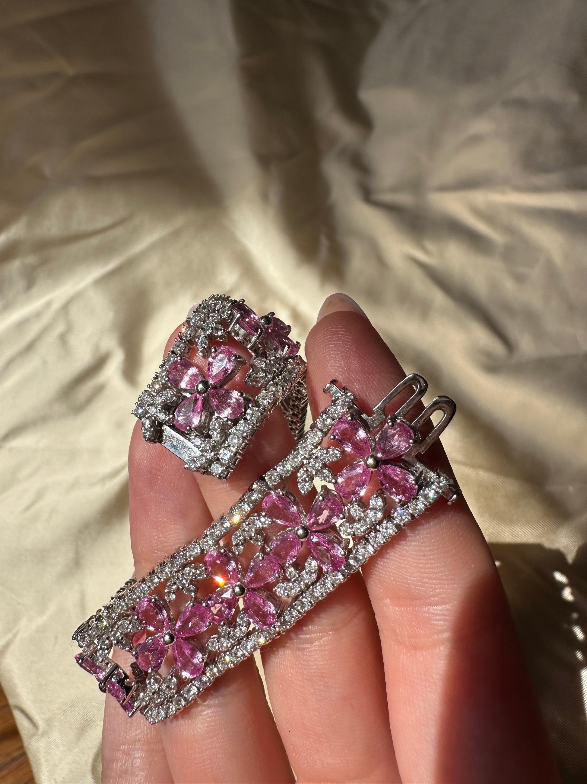 18K White Gold Diamond and Pear Cut Pink Sapphire Flower Bracelet - 7.25 inches