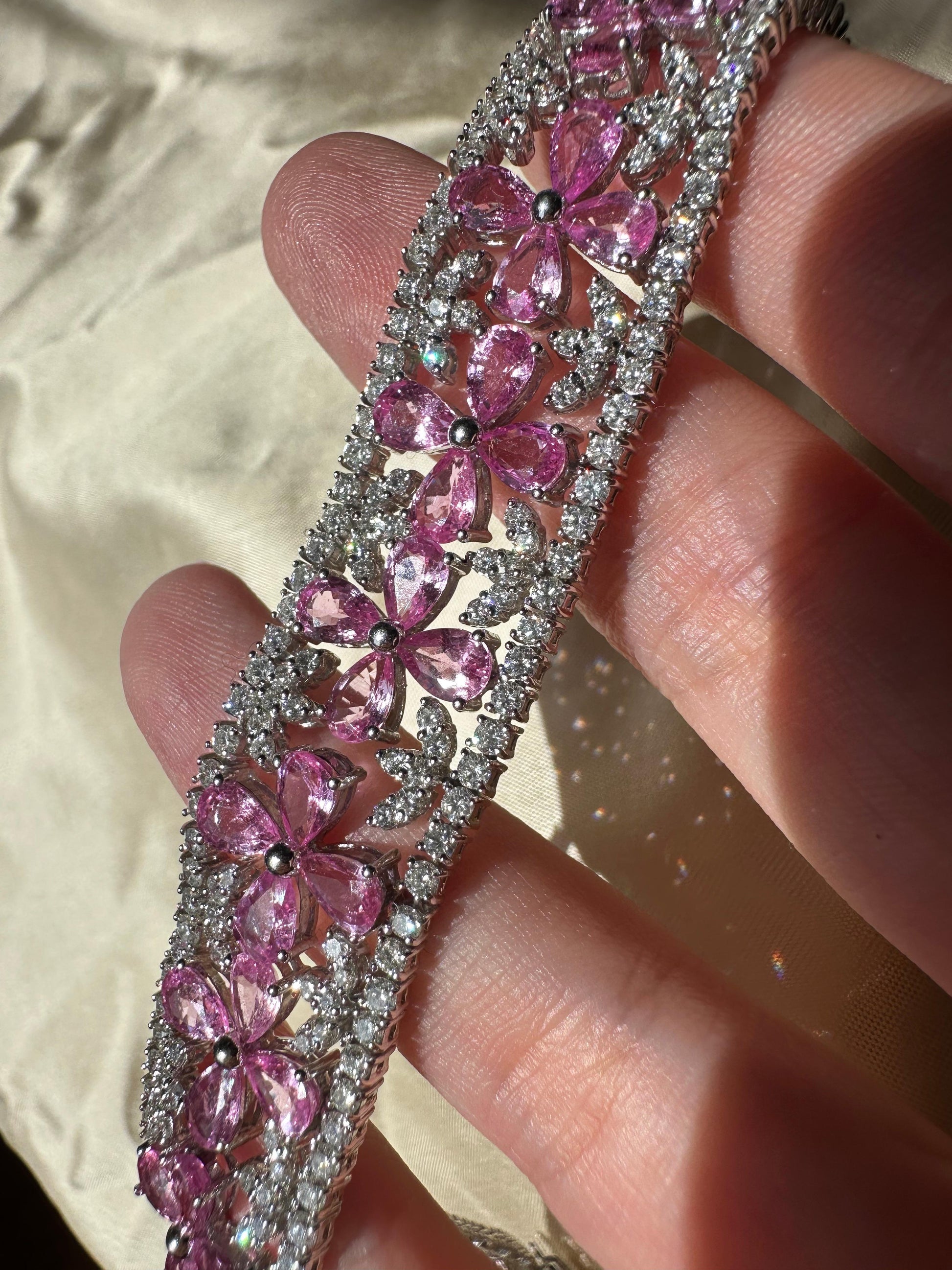 18K White Gold Diamond and Pear Cut Pink Sapphire Flower Bracelet - 7.25 inches